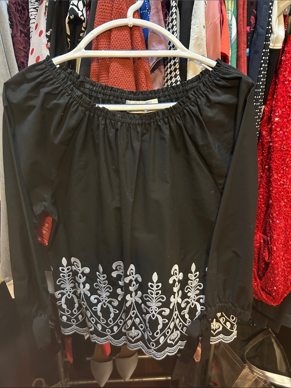Time and Tru Black Off-Shoulder Top with White Embroidered Hem